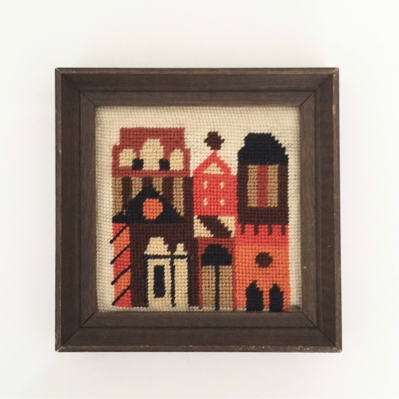 SOLD - Retro City Block Cross Stitch Needlepoint • Small Vintage Crochet Wall - Picture 1 of 4